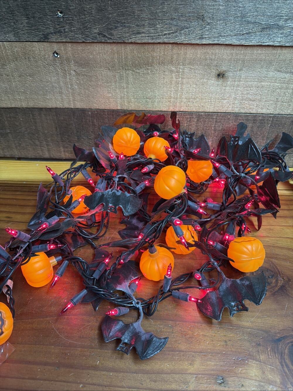 Vintage Halloween Pumpkins & Bats Blow Mold String Lights 8ft Long